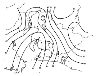 最大瞬間風速(m/s)とその風向の図