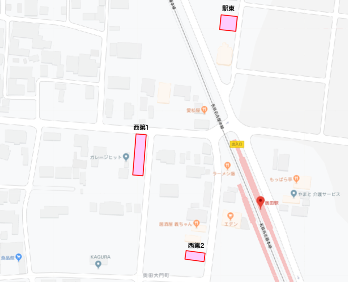 奥田駅周辺公共自転車等駐車場位置図