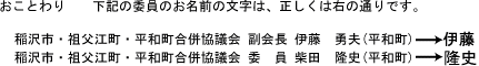 旧字使用の説明：おことわり　下記の委員のお名前の文字は、正しくは次の通りです。稲沢市・祖父江町・平和町合併協議会　副会長　伊藤勇夫（平和町）　伊の部分は旧字体となります。稲沢市・祖父江町・平和町合併協議会　委員　柴田隆史（平和町）　隆の部分は旧字体となります。