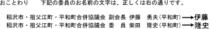 旧字使用の説明:おことわり 下記の委員のお名前の文字は、正しくは次の通りです。稲沢市・祖父江町・平和町合併協議会 副会長 伊藤勇夫(平和町) 伊の部分は旧字体となります。稲沢市・祖父江町・平和町合併協議会 委員 柴田隆史(平和町) 隆の部分は旧字体となります。