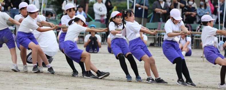 全力で綱を引く6年生